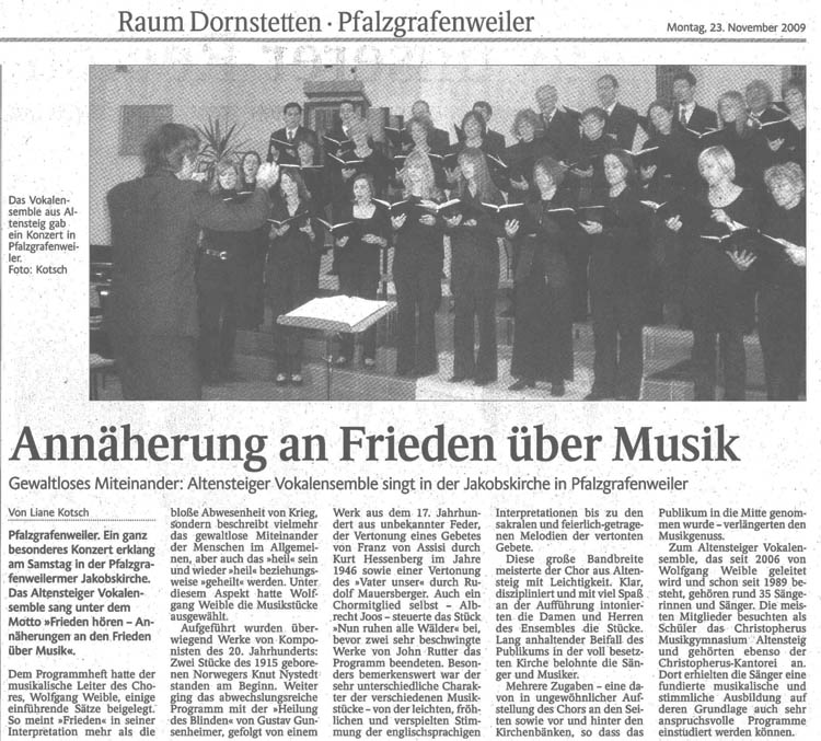 Kritik Schwarzwälder Bote vom 23.11.09 zum Konzert in Pfalzgrafenweiler